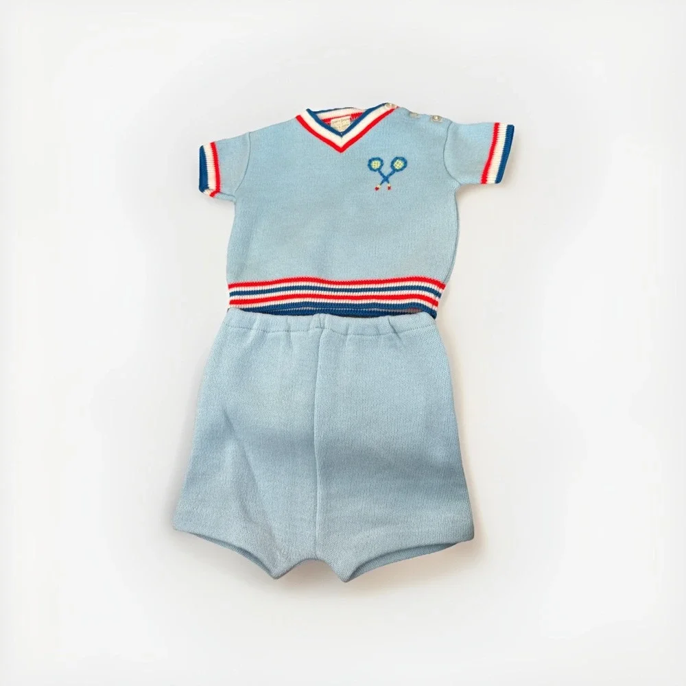 vintage spun cotton baby short set blue white and red tennis‎ 6 months Japan